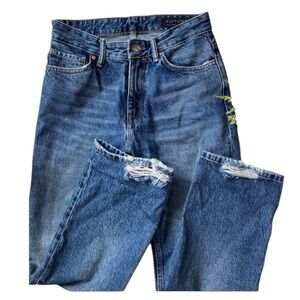 All Saints Women Ava Straight Jeans Indigo Blue Med Wash -Sz 28 - Distressed Hem